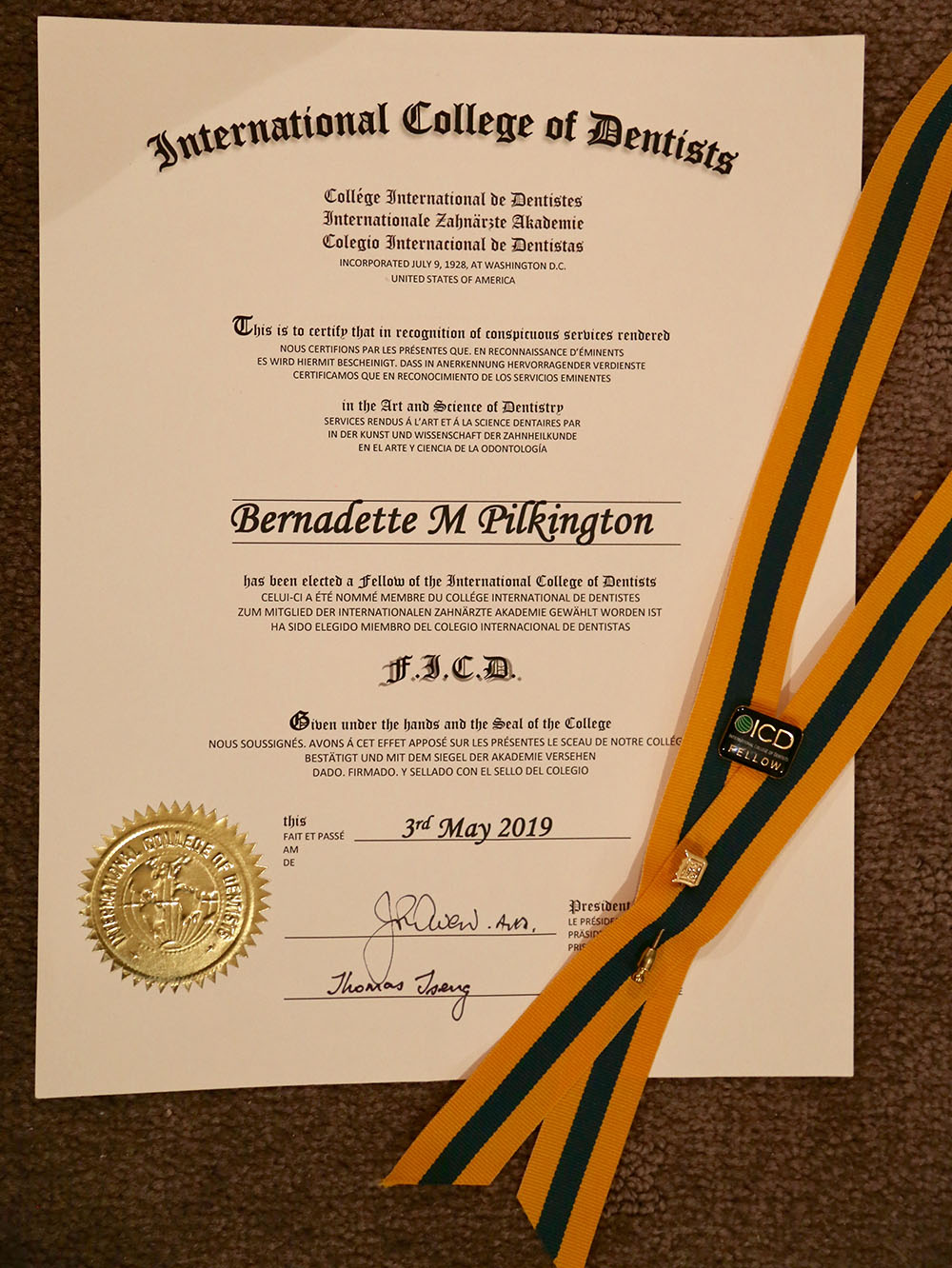 Certificate for election into the international college of dentists