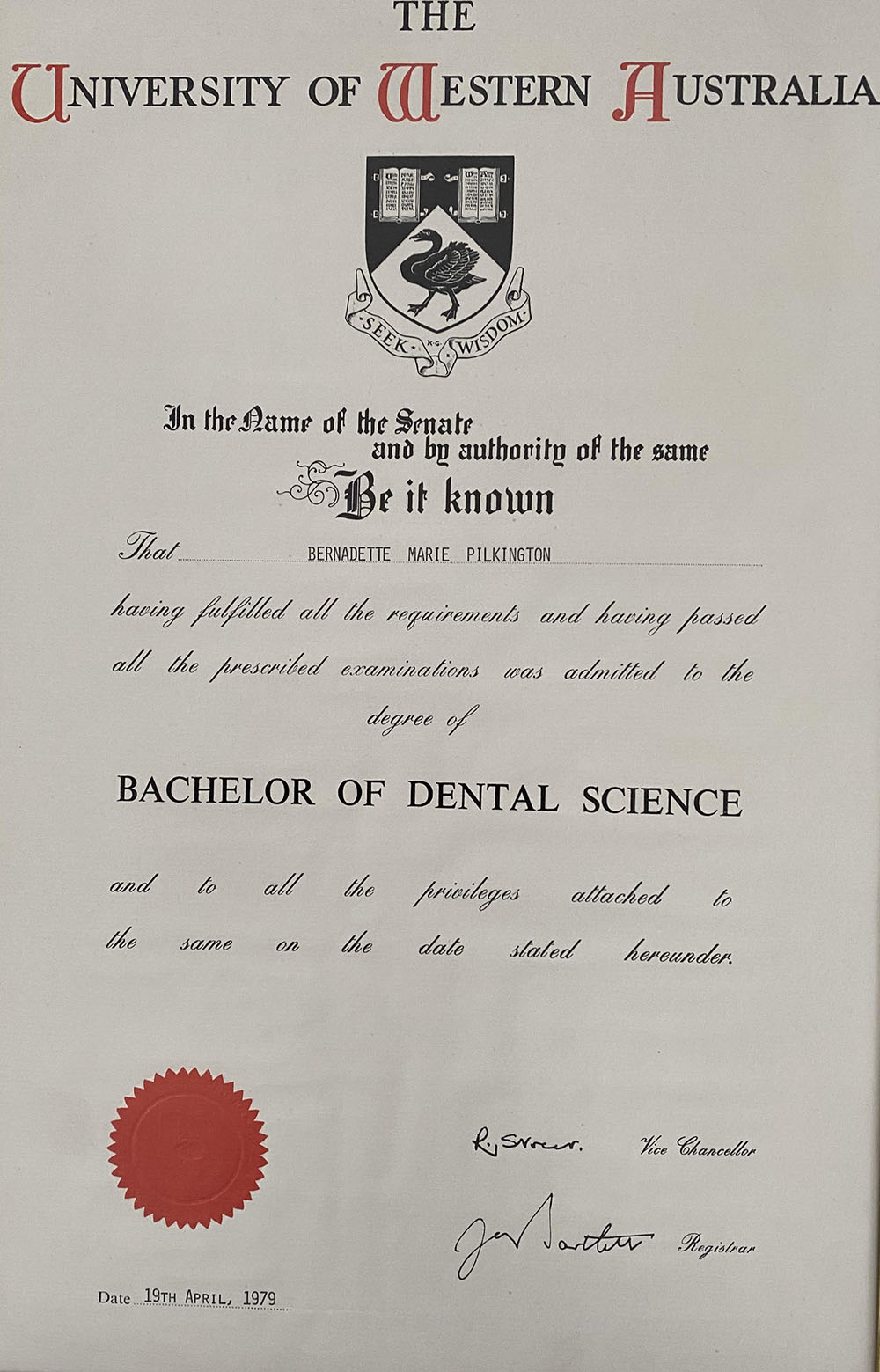 A Bachelor of Dental Science degree certificate awarded to Bernadette Pilkington.
