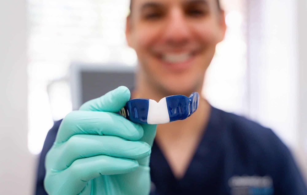 Close-up of a blue dental mouthguard in Mount Lawley