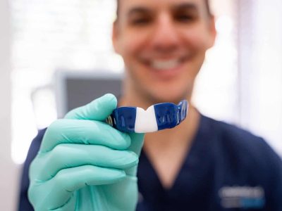 Close-up of a blue dental mouthguard in Mount Lawley