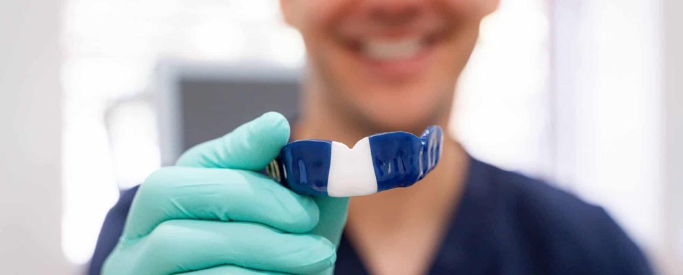 Close-up of a blue dental mouthguard in Mount Lawley